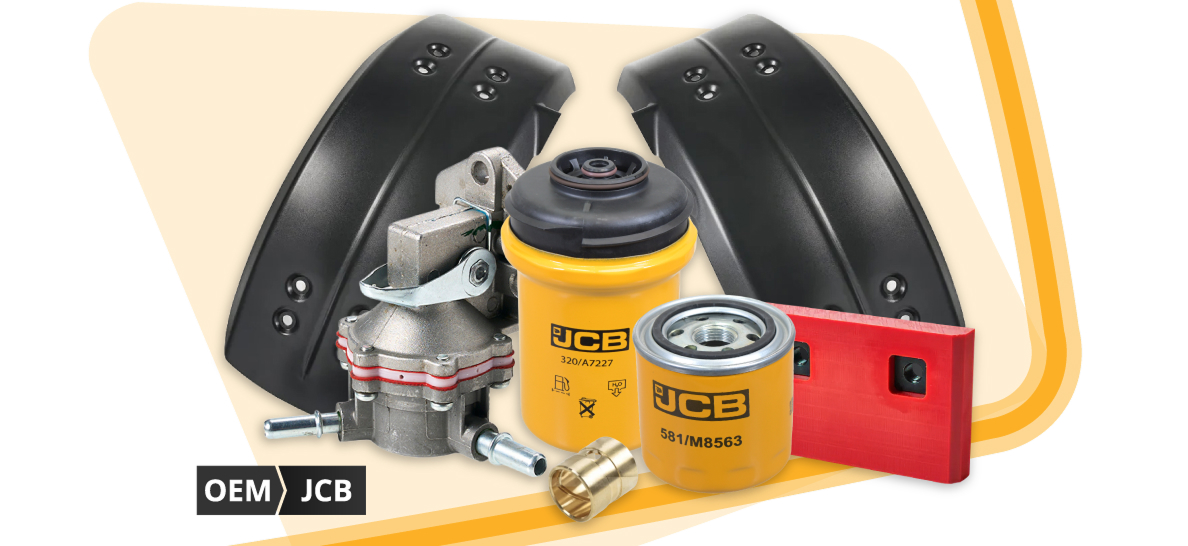 Utstilling av originale JCB-reservedeler til teleskoplastere, blant annet filtre, deler til frontlastere og styrekomponenter, som viser bredden i utvalget av originale JCB-reservedeler til teleskoplastere som er tilgjengelig hos Sparex.